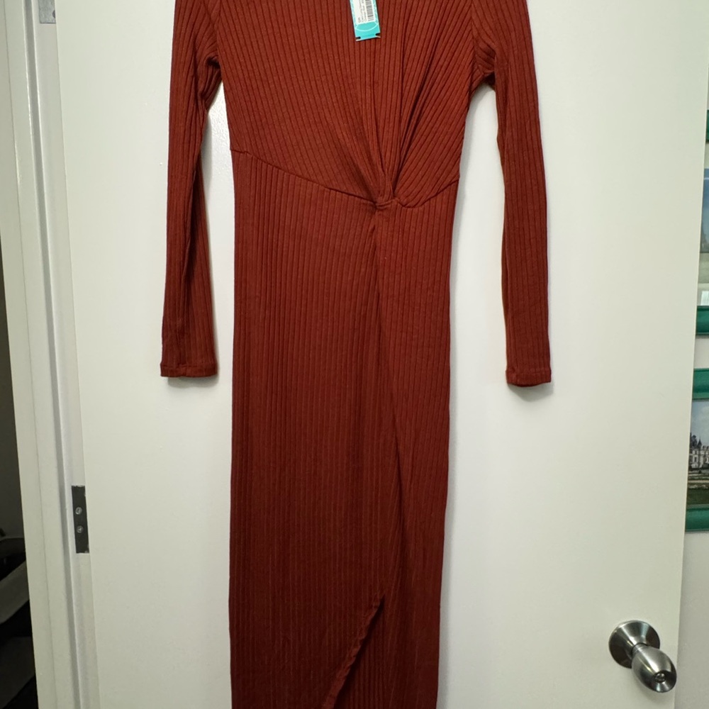 Gilli Red Ribbed Wrap Dress Long Sleeve Casual